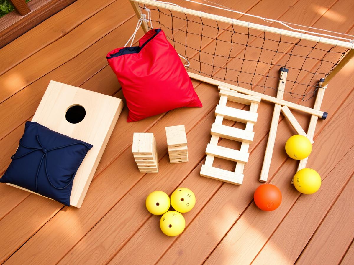 Cornhole, Giant Jenga, Spikeball and bocce on a cottage deck